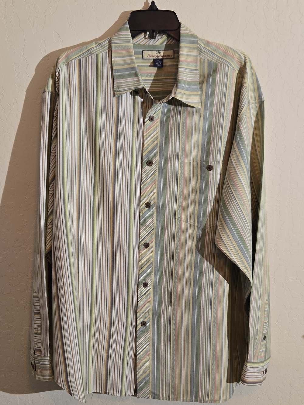 Tommy Bahama Green and Cream Multi-Stripe Button-Up Shirt